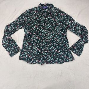 MILEY CYRUS MAX AZRIA BLACK FLORAL V-NECK ROLL TAB SLEEVES BUTTON UP SHIRT SZ XL